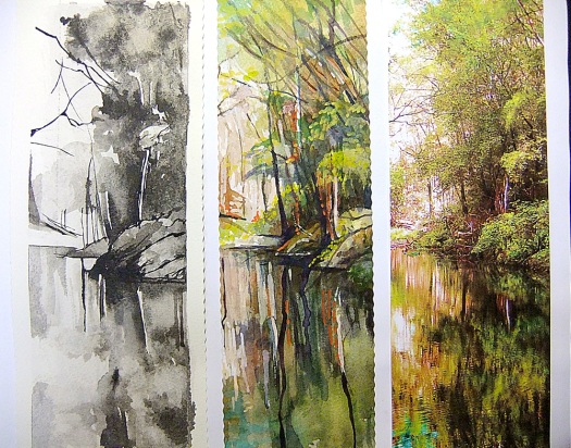 Serene Creek - graphite and watercolour on paper, 30x10